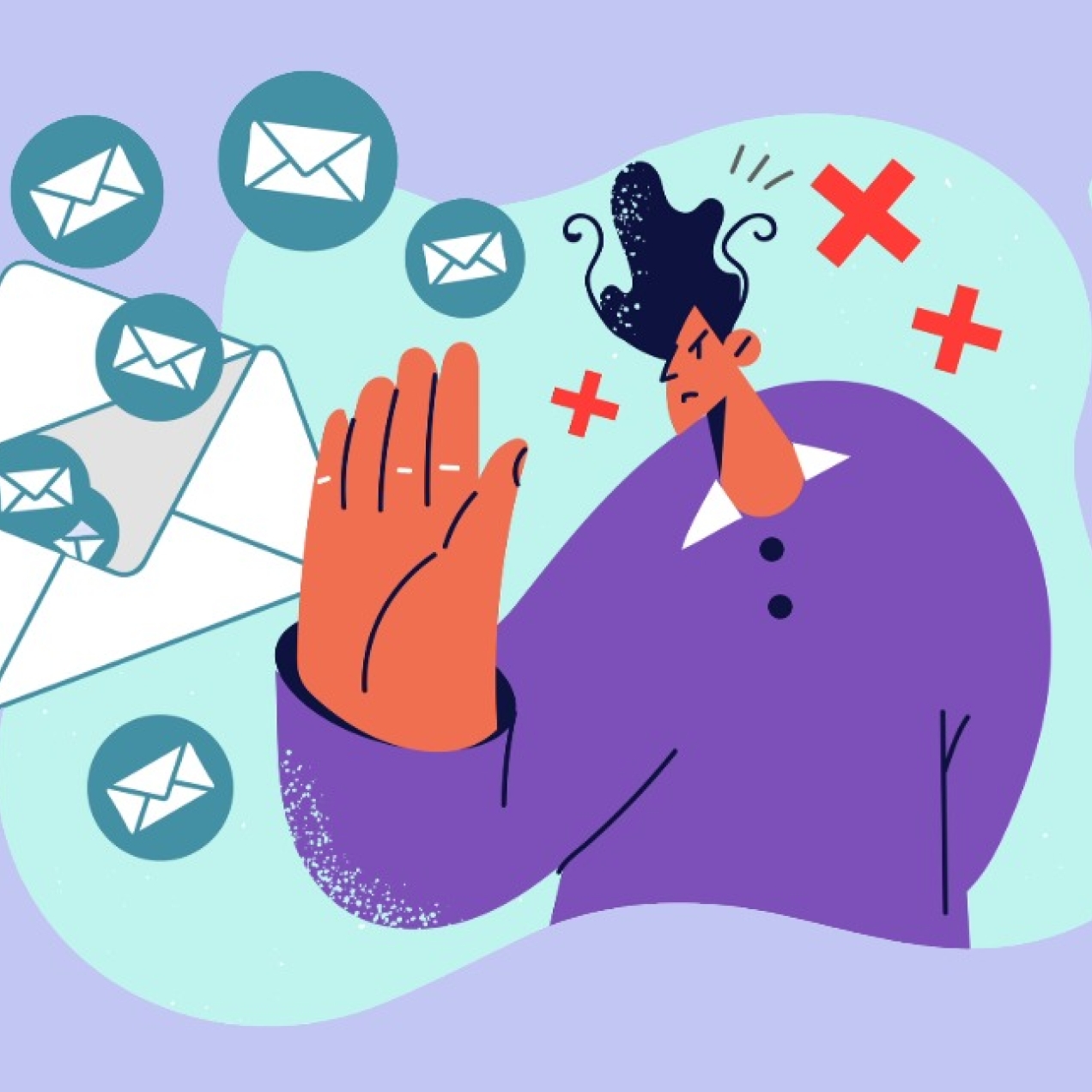 An illustration of a person holding their hand up while surrounded by large envelopes and red crosses.