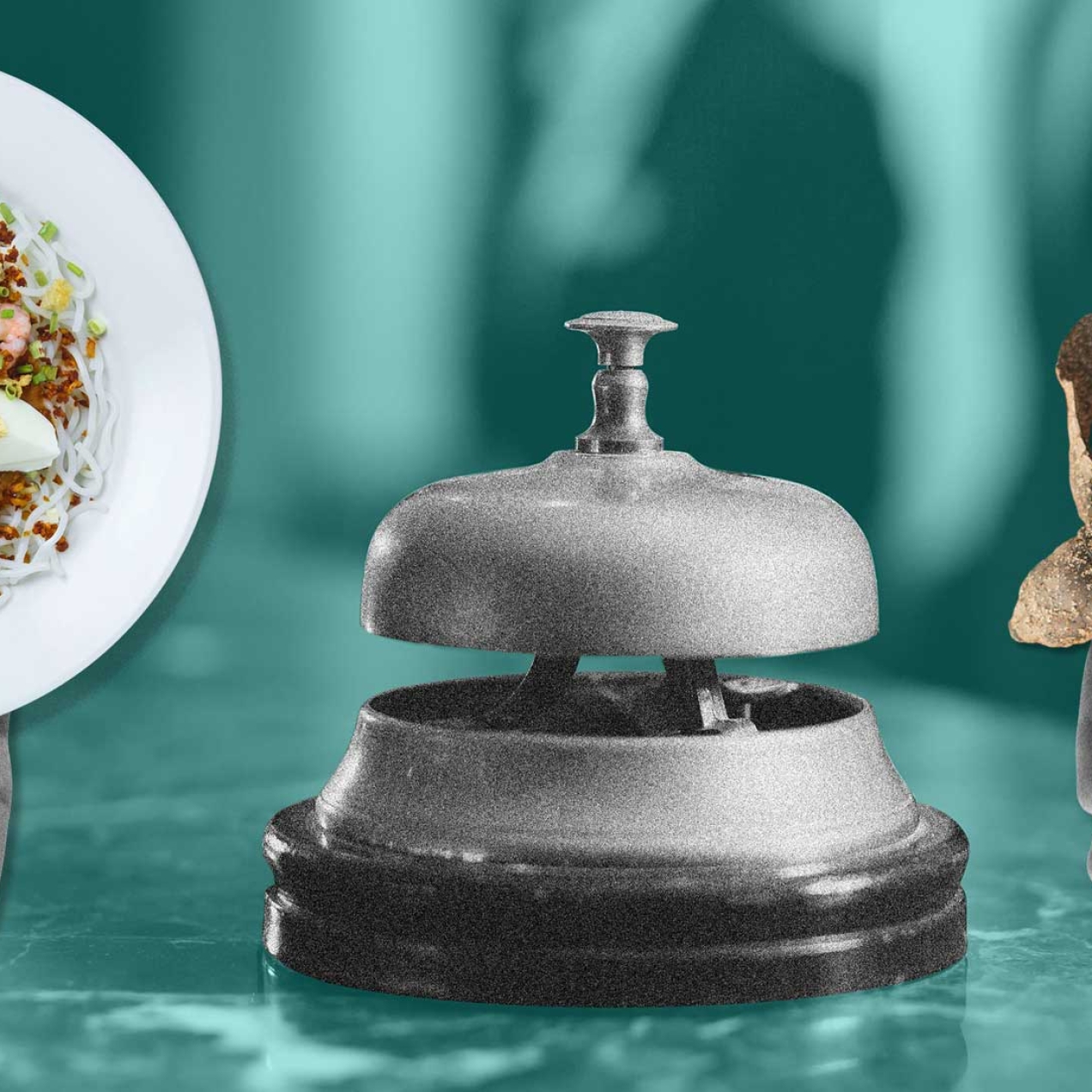 A hand holding a plate of food, a hotel reception bell and an open hand holding a baby turtle.