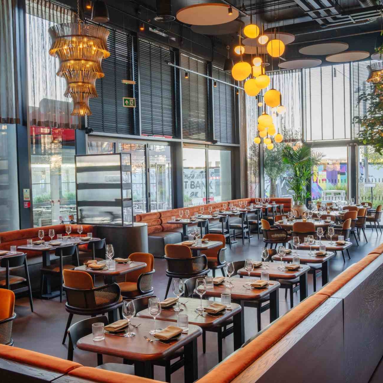 The interior of Hera restaurant with floor to ceiling windows, and a mix of tables, chairs and longitude oranged cushioned seating. There is an olive tree in the top right hand corner and lights hanging from the ceiling.