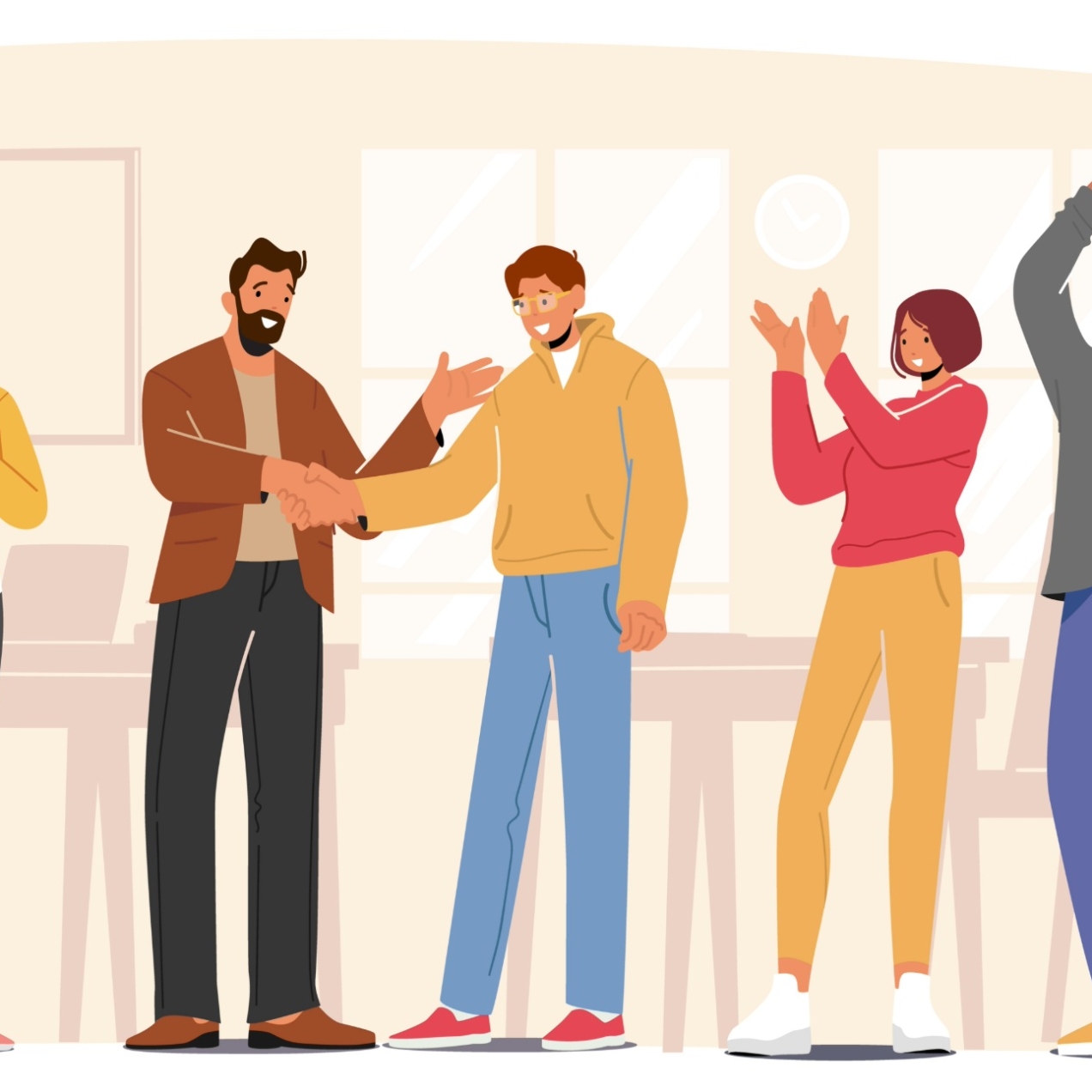 An illustration of five men and women of different ethnicities. Two of the men are shaking hands while the others applaud them