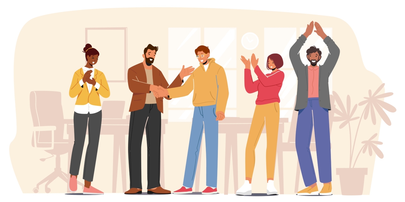 An illustration of five men and women of different ethnicities. Two of the men are shaking hands while the others applaud them