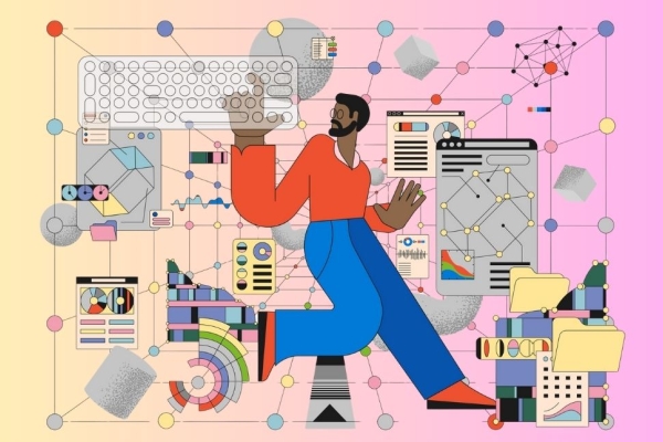 Data science and artificial intelligence concept illustration featuring a man in a red top and blue flared trousers surrounded by computer equipment, nodes and geometric shapes.