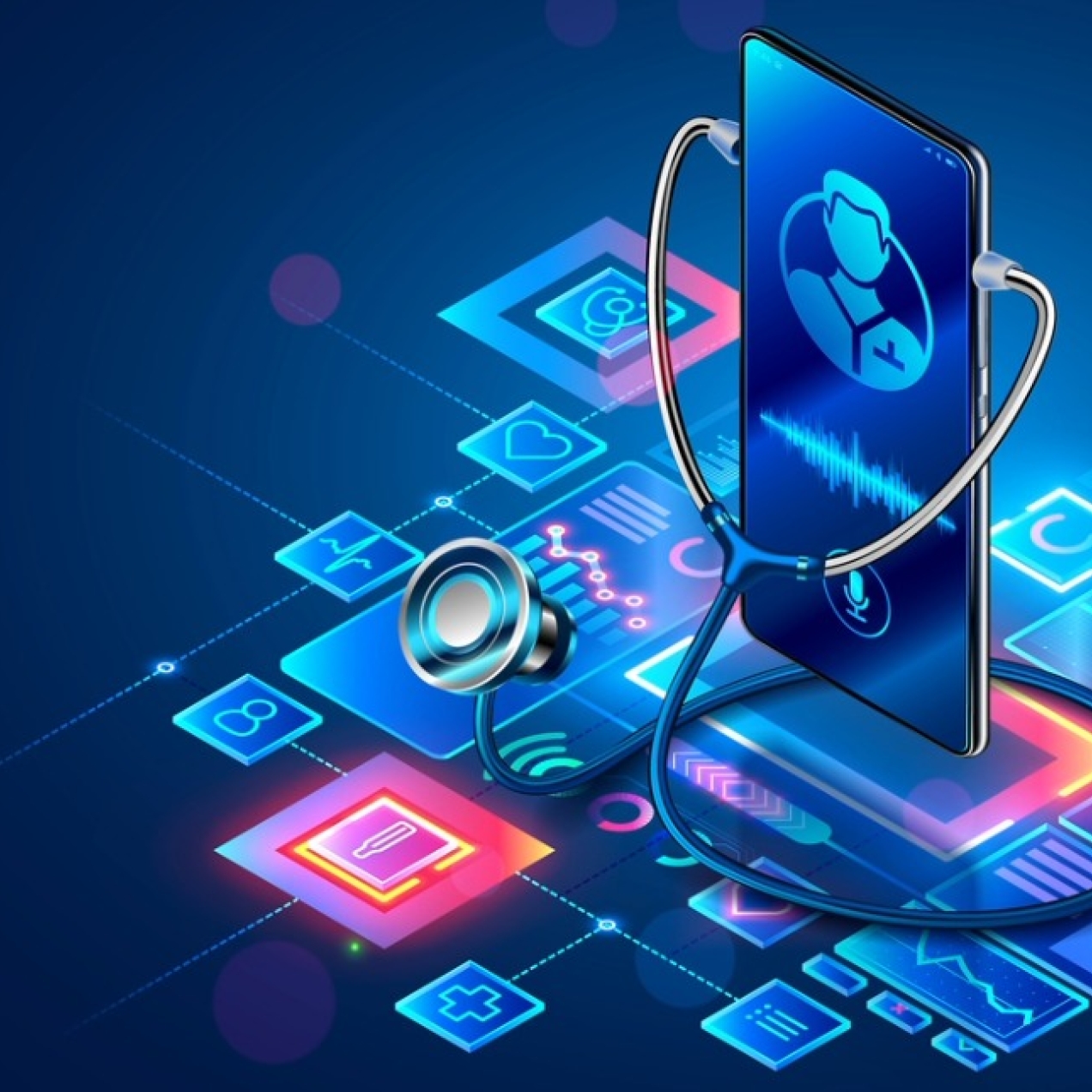 A computer generated illustration on a dark blue background of medical technology icons and graphics around phone screen that is 'wearing' a stethoscope.