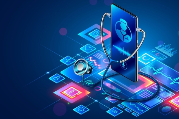 A computer generated illustration on a dark blue background of medical technology icons and graphics around phone screen that is 'wearing' a stethoscope.