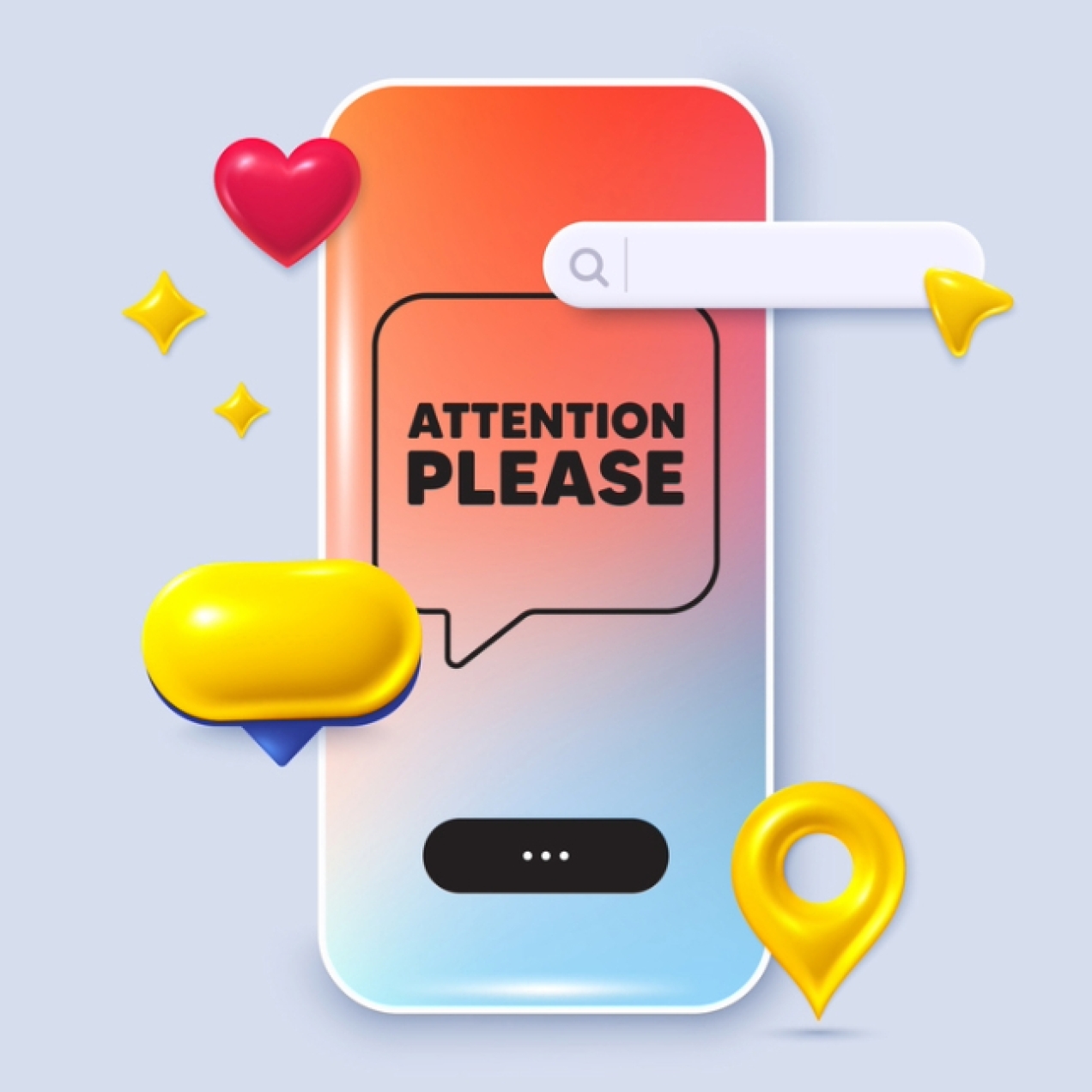 A digital illustration of a mobile phone with the words attention please displayed on the screen. Assorted icons including speech bubbles float alongside.