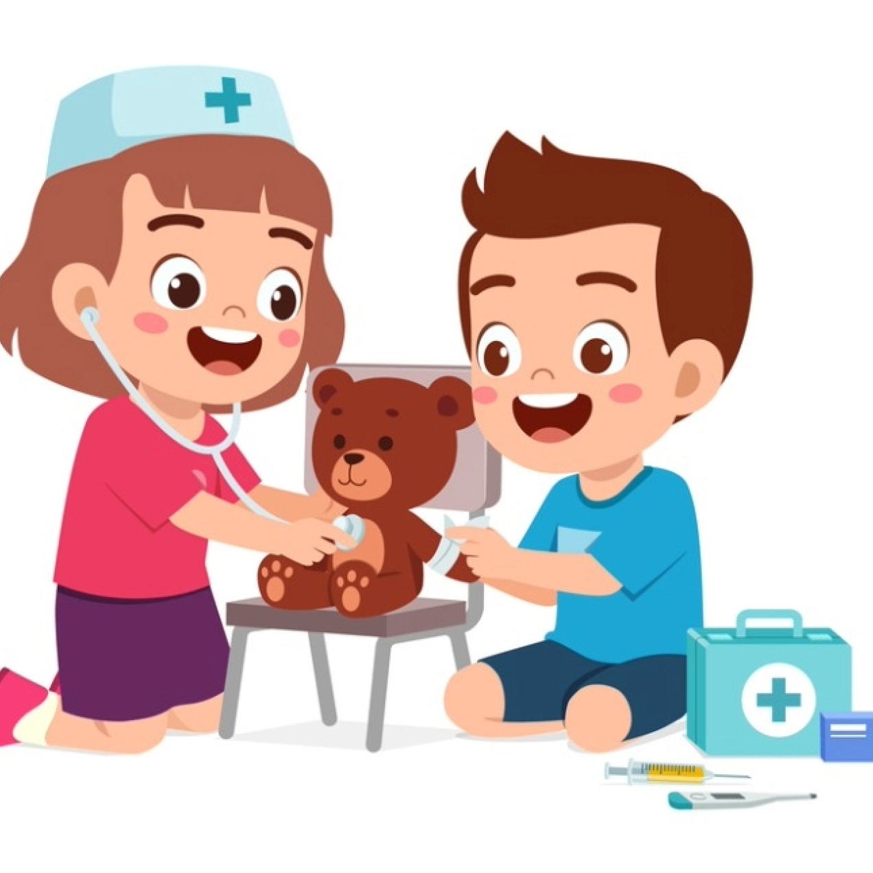 A cartoon illustration of a young girl dressed as a doctor while tending to a young boy's teddy bear. She wears a stethoscope and medic's hat. There are plasters and medical box around.