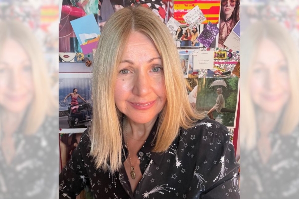 A tryptic of Jacqui Ripley. Jacqui is a white woman with shoulder length blonde hair who wears a black and white patterned top. She is stood in front of various photos and magazine cuttings
