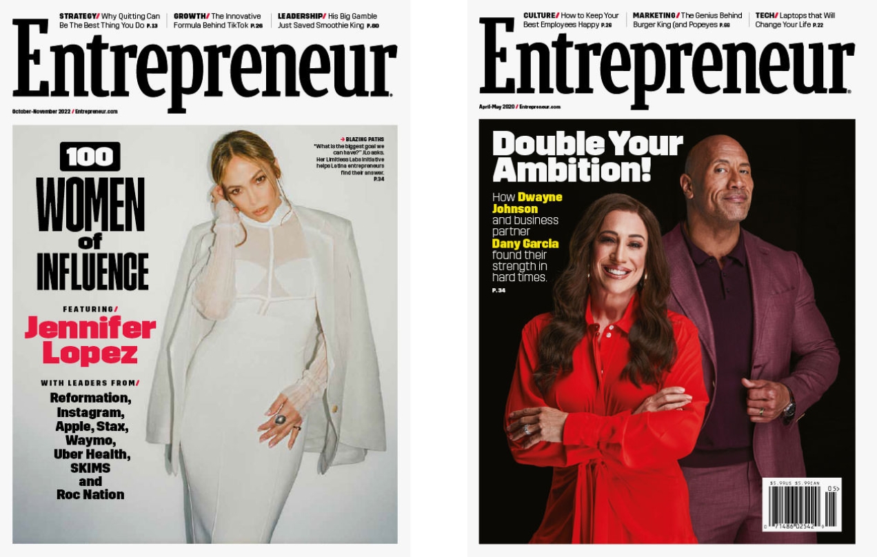Covers of October-November 2022 and April-May 2020 issues of Entrepreneur magazine.