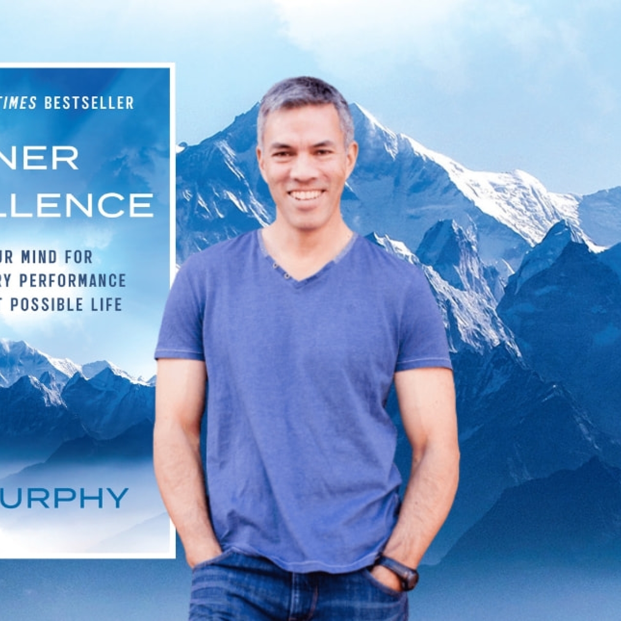 A composite image of Jim Murphy in front of an image of mountains taken from the front cover of his book Inner Excellence, which is framed as an inset.