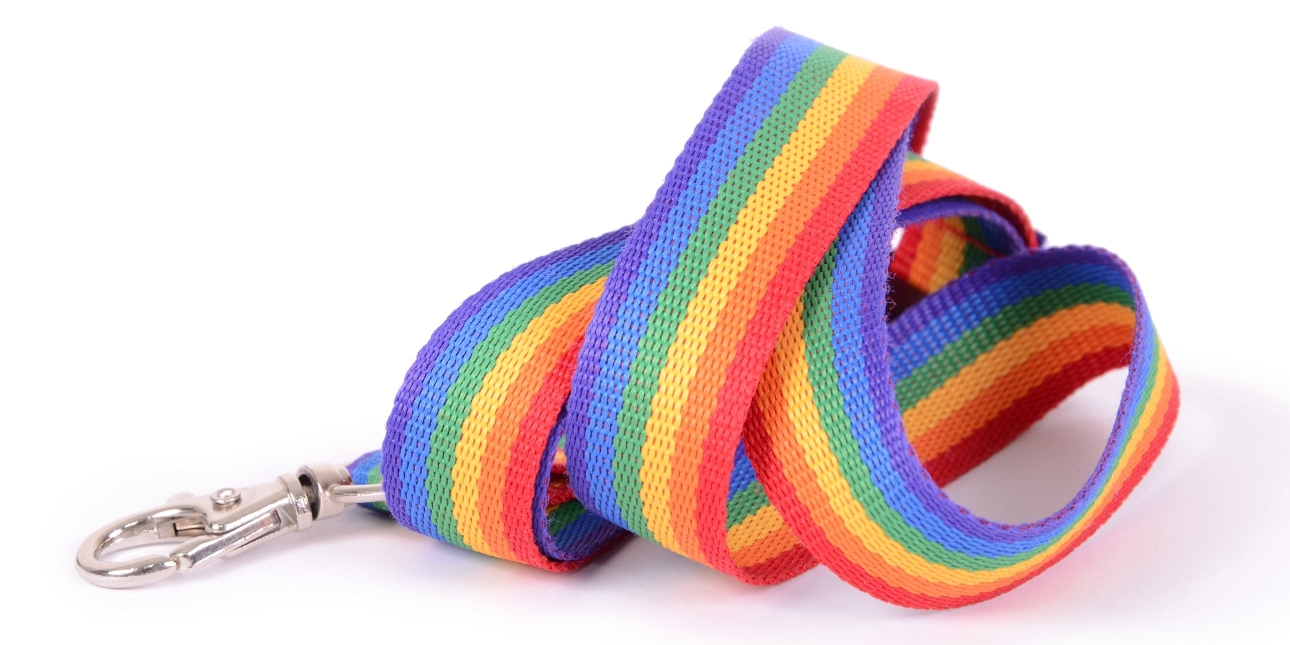 A rainbow coloured lanyard strap