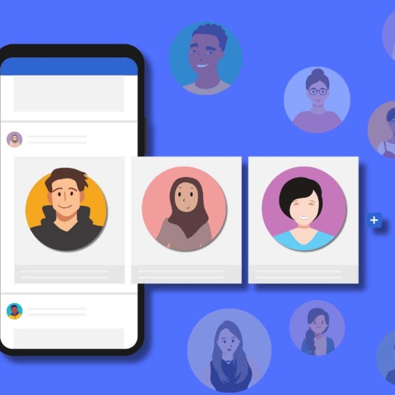 An illustration on a blue background of a mobile phone screen with three carousel frames emerging to the right. Within the frames and floating around the image are illustrated avatars of people of different ages, genders and ethnicities.