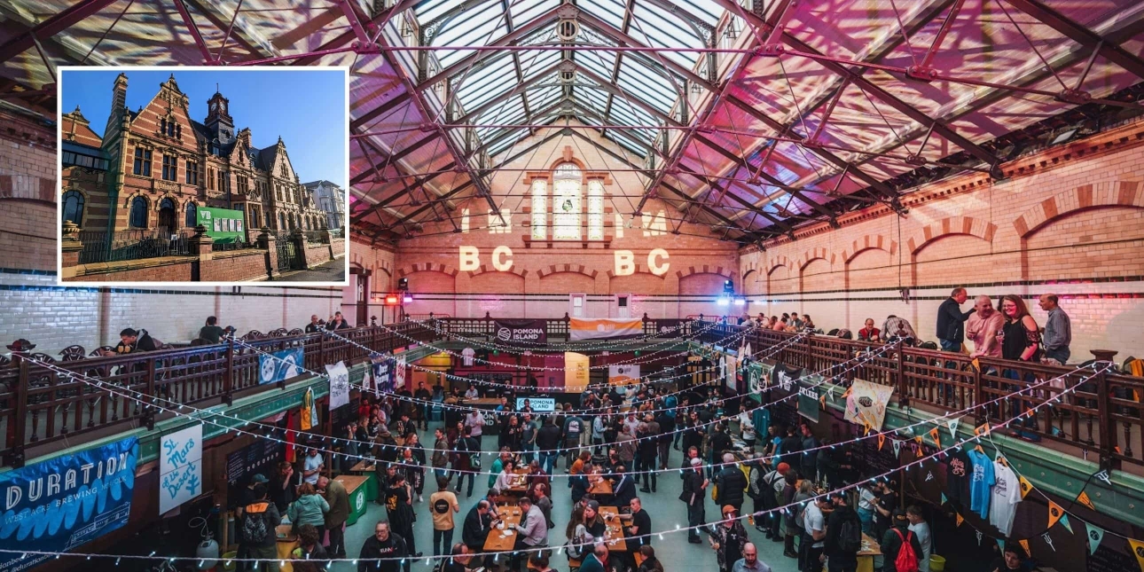 Main image of an event taking place under the vaulted ceiling of Victoria Baths with people stood and sat on the balcony and inside the old pool. Inset image shows the building's exterior.