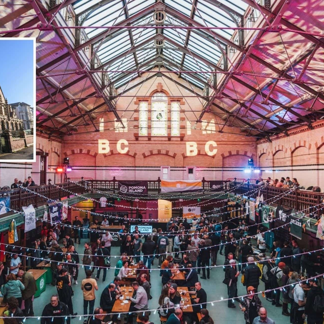 Main image of an event taking place under the vaulted ceiling of Victoria Baths with people stood and sat on the balcony and inside the old pool. Inset image shows the building's exterior.