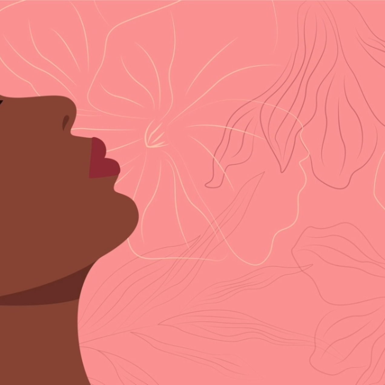 Illustration on a pink floral background of a woman with dark skin with her eyes closed and looking like she is practising controlled breathing.