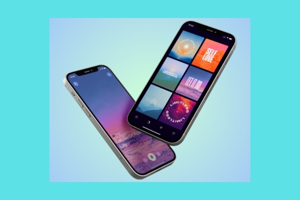 Two iPhones displaying screen shots from the Mindful Nation app. The displays include the text self love, anxiety goodbye, let it go, meditate, limitless