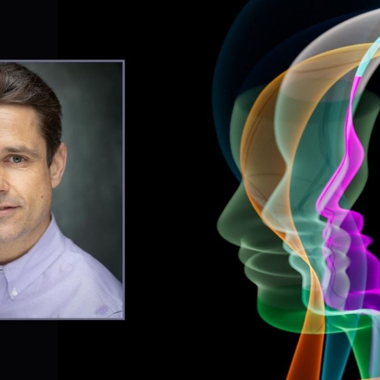 On the left, against a black background, a colour portrait of Jack Lewis. On the right, a series of multicoloured outlines of heads.