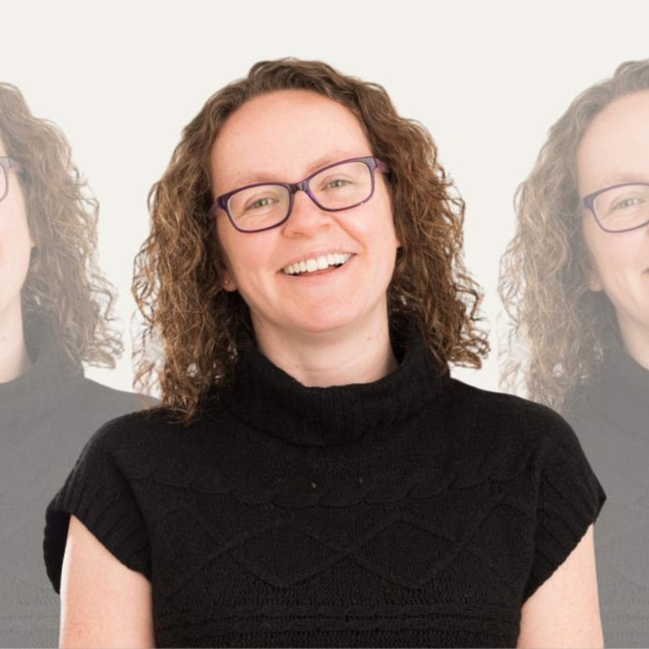 A tryptic portrait of a smiling Nikki Simpson on a grey background. Nikki is a white woman with shoulder length curly hair and glasses, wearing a short sleeved black top