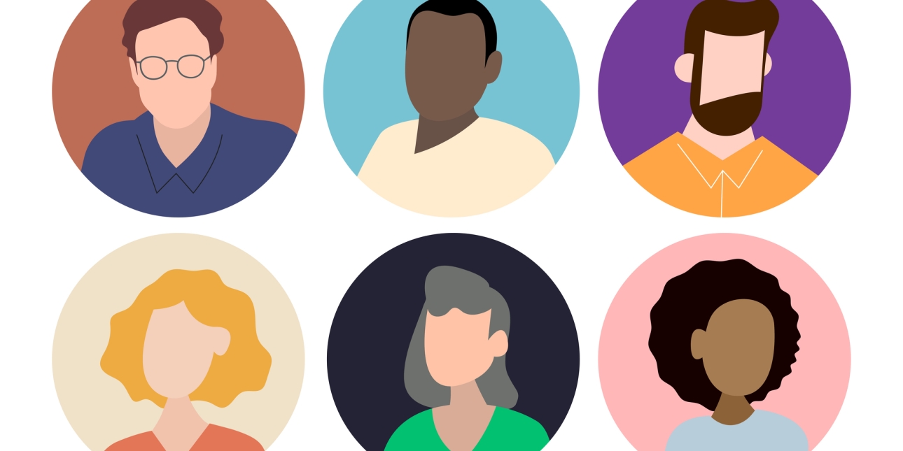 Illustration of two rows of six heads of different skin tones and all without eyes, noses and mouths. The top row is of men, the bottom row is of three women