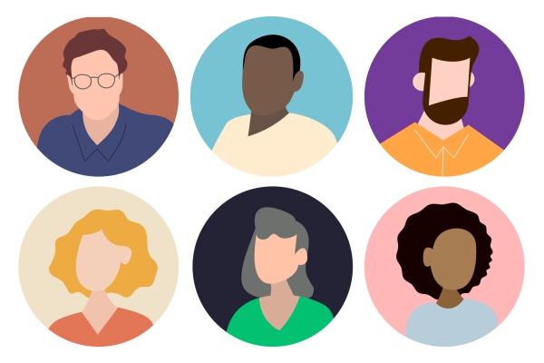 Illustration of two rows of six heads of different skin tones and all without eyes, noses and mouths. The top row is of men, the bottom row is of three women