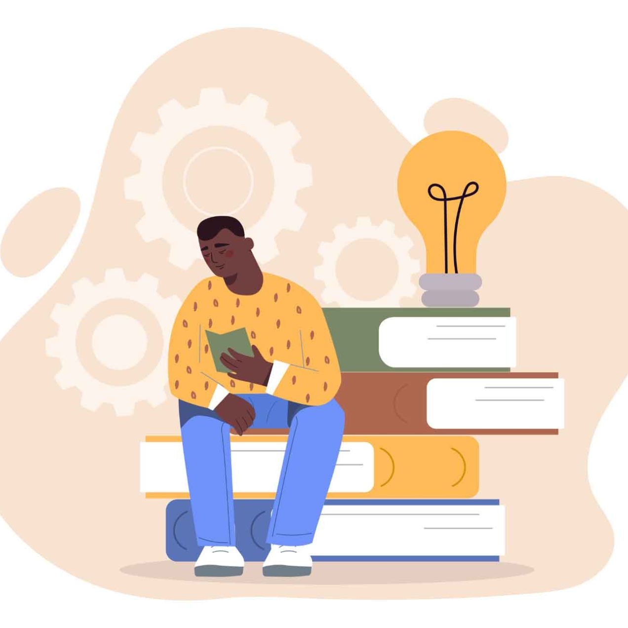 Illustration of a Black man wearing a yellow jumper and blue trousers, reading a book while sat on a life-size stack of four giant books. A giant lightbulb rests on the top one.