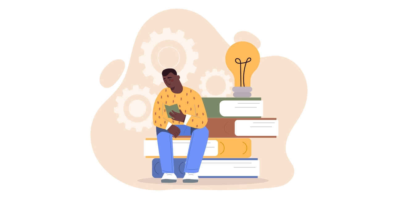 Illustration of a Black man wearing a yellow jumper and blue trousers, reading a book while sat on a life-size stack of four giant books. A giant lightbulb rests on the top one.