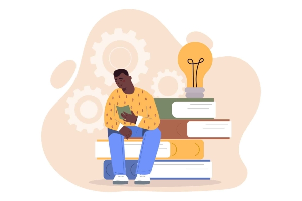 Illustration of a Black man wearing a yellow jumper and blue trousers, reading a book while sat on a life-size stack of four giant books. A giant lightbulb rests on the top one.