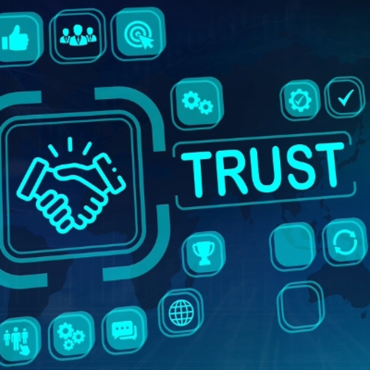 The word trust written in light blue on a dark blue background. It is surrounded by various icons including a thumbs up, a handshake and graphs.