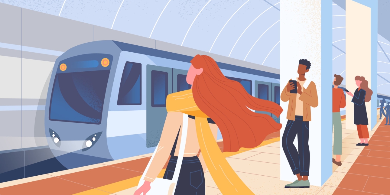 Illustration of a metro station. A blue train pull into the platform as four passengers wait. In the foreground is a woman with long brown hair and long yellow scarf