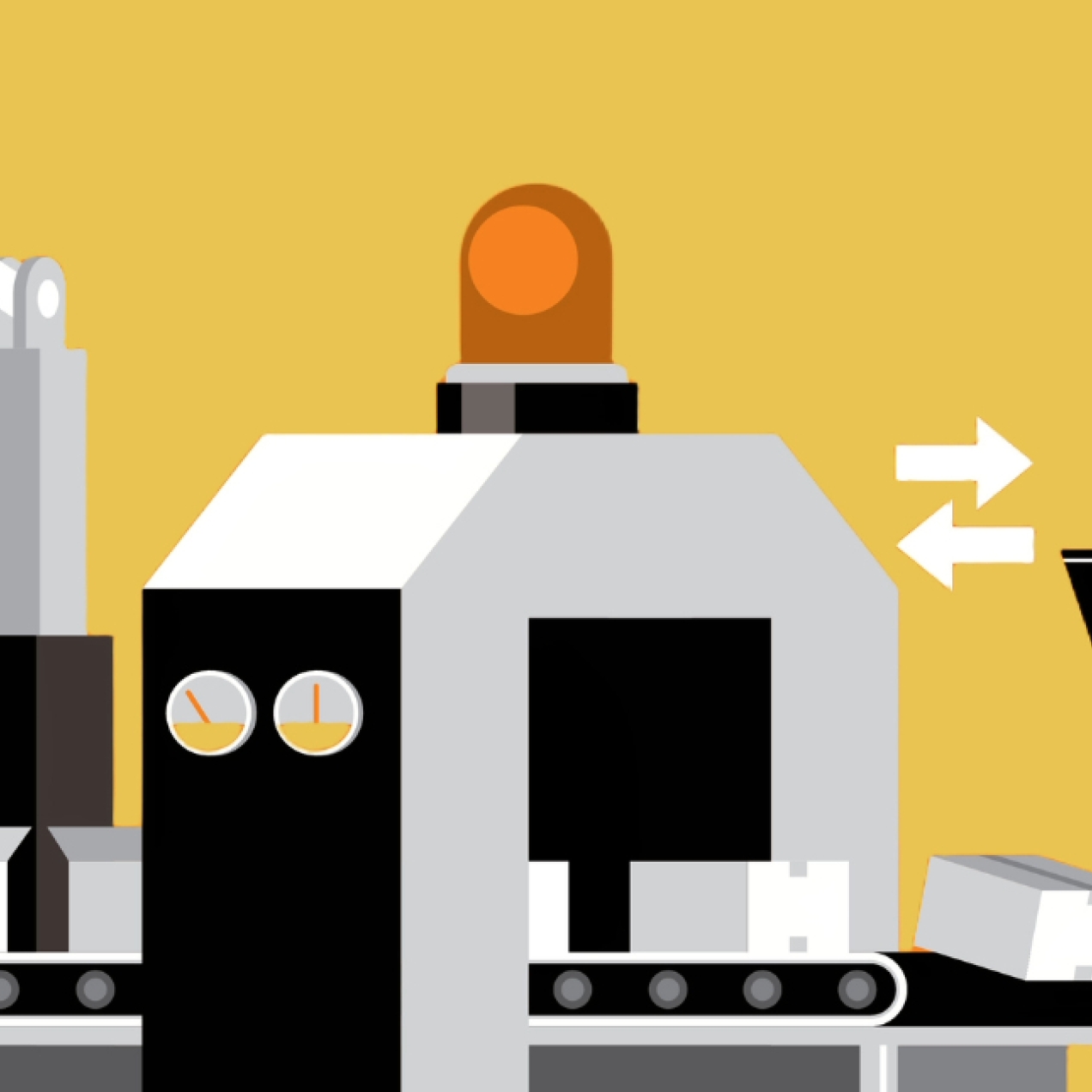 An illustration of a female businesswoman inspecting a production line of boxes which features a large robotic arm.