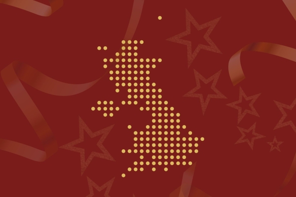 On a burgundy background a gold dot matrix illustration of the United Kingdom surrounded by stars and ribbons.
