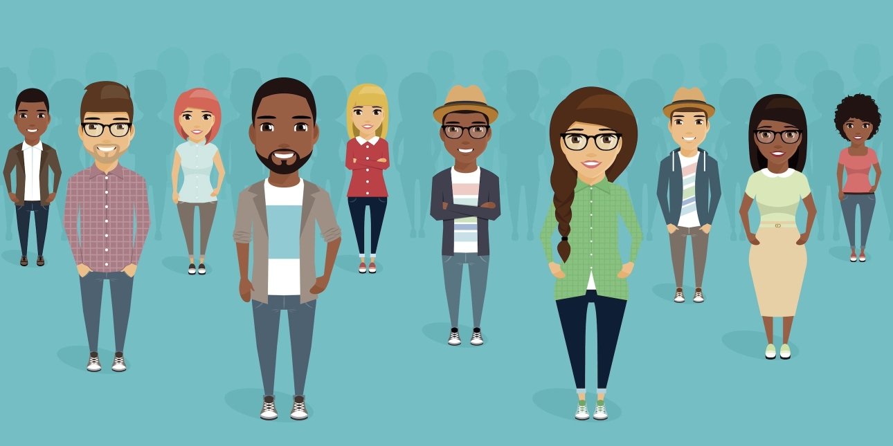 An illustration of 10 smiling cartoon people stood in three rows. They are of genders, ethnicity and ages, with various hairstyles and colours, different skin tones and wearing different clothes.