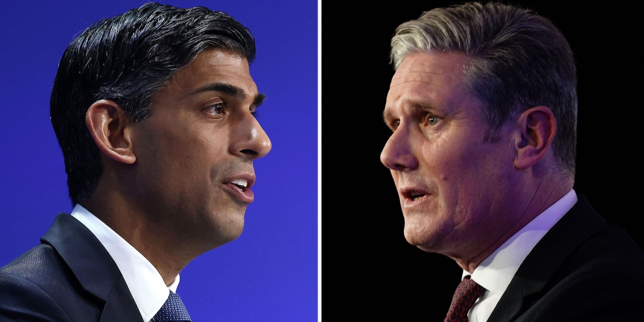 A composite image consisting of Rishi Sunak on a purple bakckground on the left facing Keir Starmer on a dark background