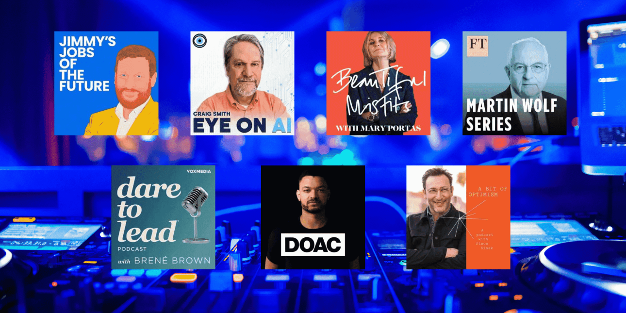 A background of recording studio control deck overlaid with seven square promotional images of the seven podcasters