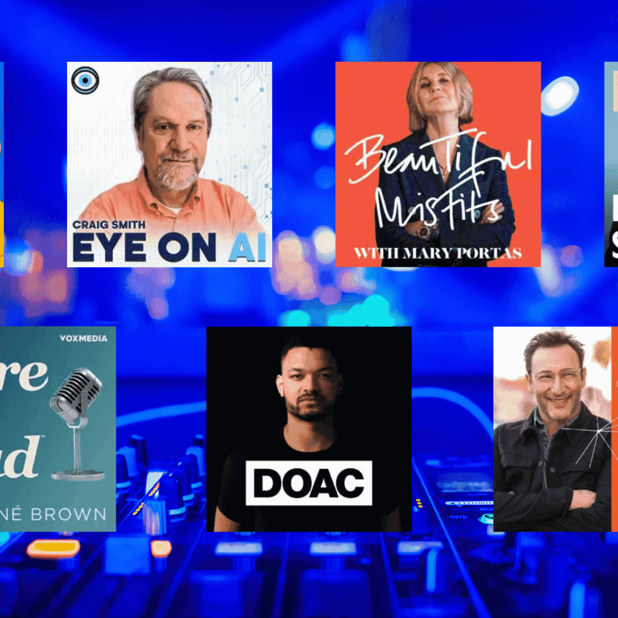 A background of recording studio control deck overlaid with seven square promotional images of the seven podcasters