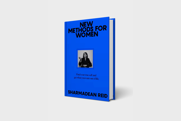 A blue book with the title New Methods For Women and a black and white photograph of Sharmadean Reid in the centre