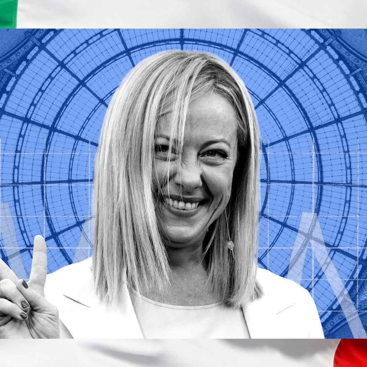 Image of Giorgia Meloni with the Italian flag behind her.