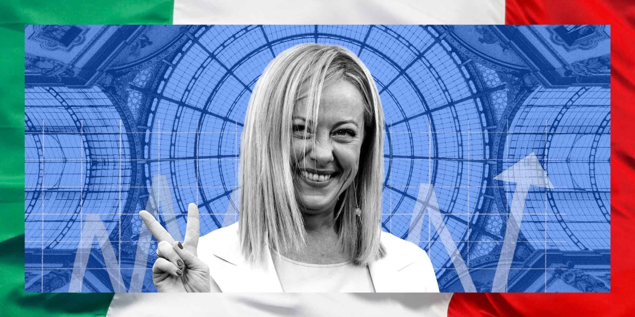 Image of Giorgia Meloni with the Italian flag behind her.