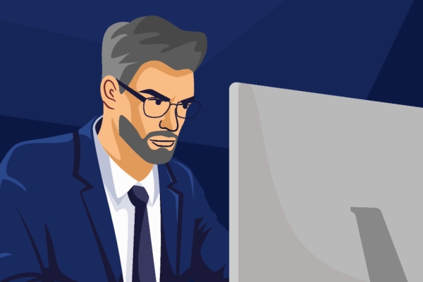 An illustration of a white businessman with grey hair and beard and blue suit, sat in front of a computer. The background is navy.