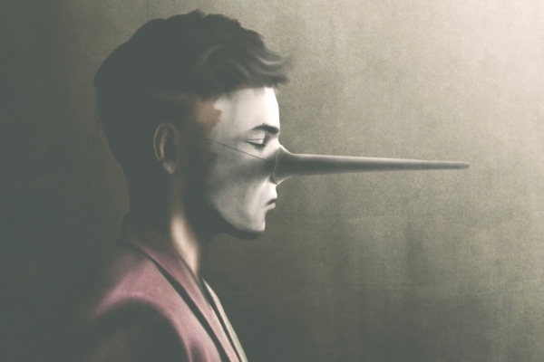 A painting of the side profile of a man wearing a long fake, pointed nose.