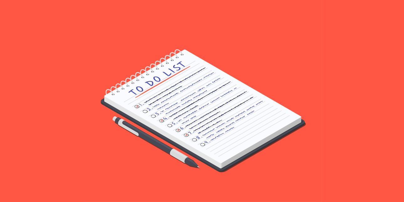 Illustration of a notepad with the words to do list written at the top of the page. Below are lines of unreadable text in the form of a numbered list. The background is bright red
