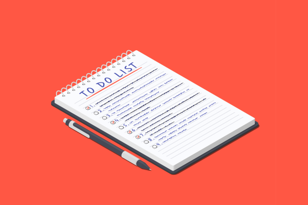 Illustration of a notepad with the words to do list written at the top of the page. Below are lines of unreadable text in the form of a numbered list. The background is bright red