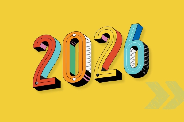 On a yellow background a multi-coloured three dimensional 2026