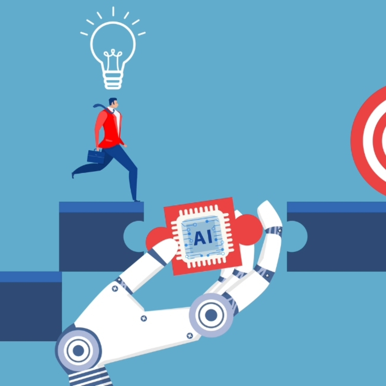 An illustration on a blue background of a man climbing steps to reach a red bullseye target. The final step features the word AI and is held in place by a white robotic arm.
