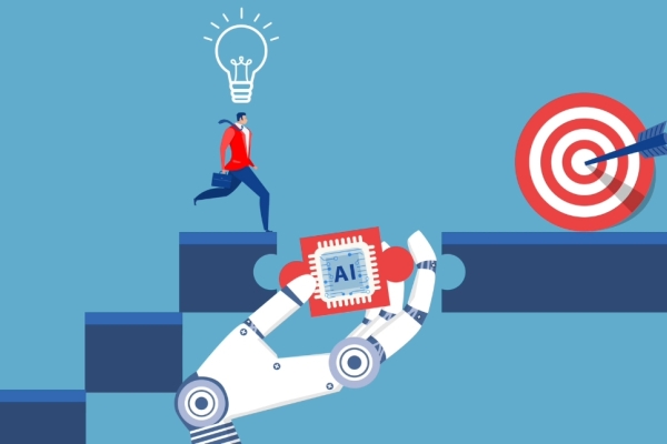 An illustration on a blue background of a man climbing steps to reach a red bullseye target. The final step features the word AI and is held in place by a white robotic arm.