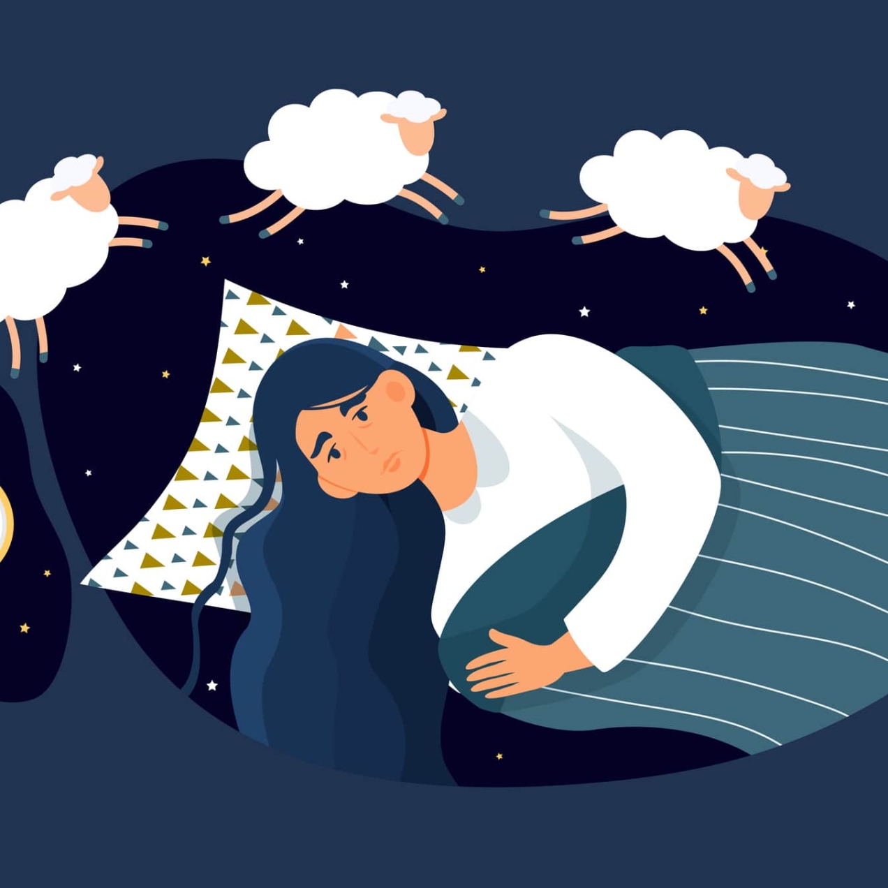 A bird's eye illustration of a woman trying to sleep next to a clock while three sheep jump over her head in reference to counting sheep