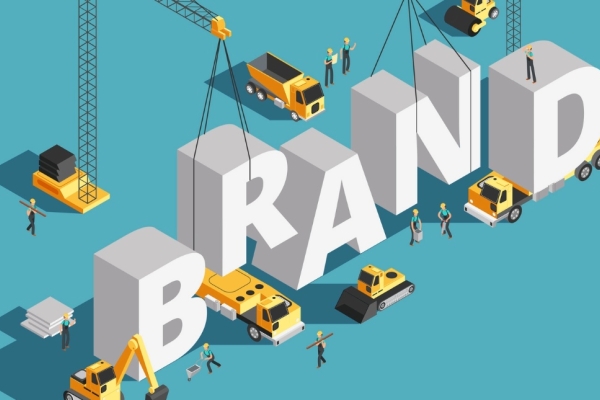 An illustration on a turquoise background of construction vehicles and cranes building the three dimension word 