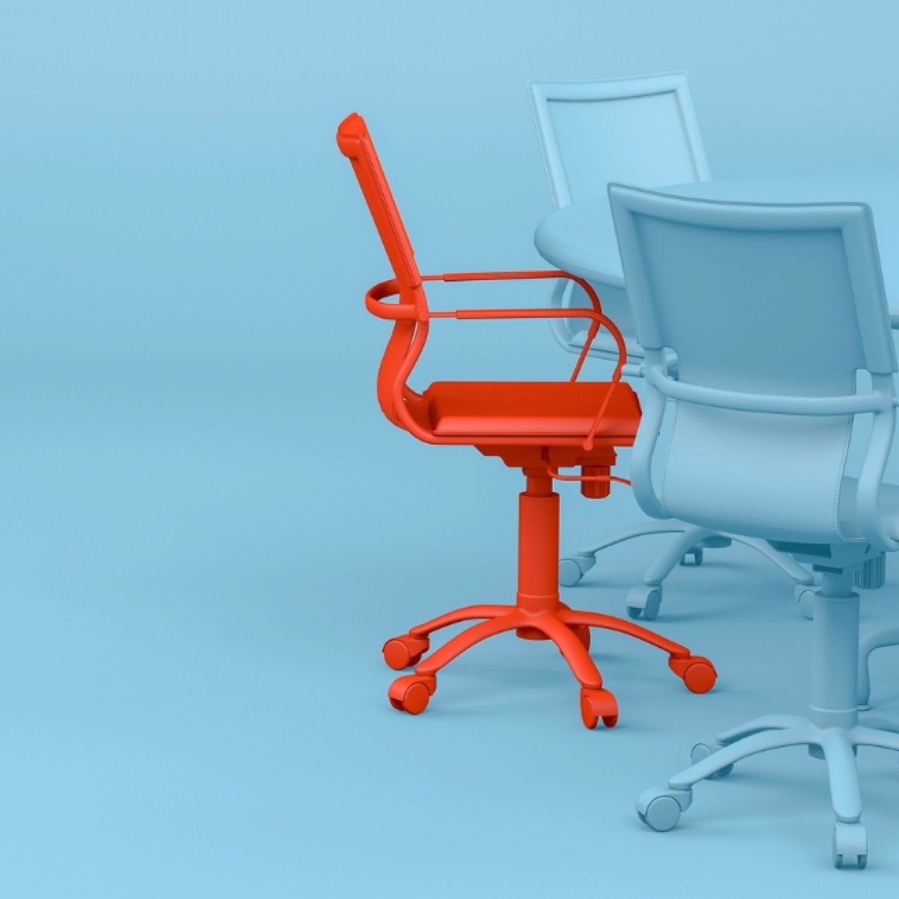 On a turquoise background a 3D render of a red office chair alongside identical blue chairs around a circular blue table