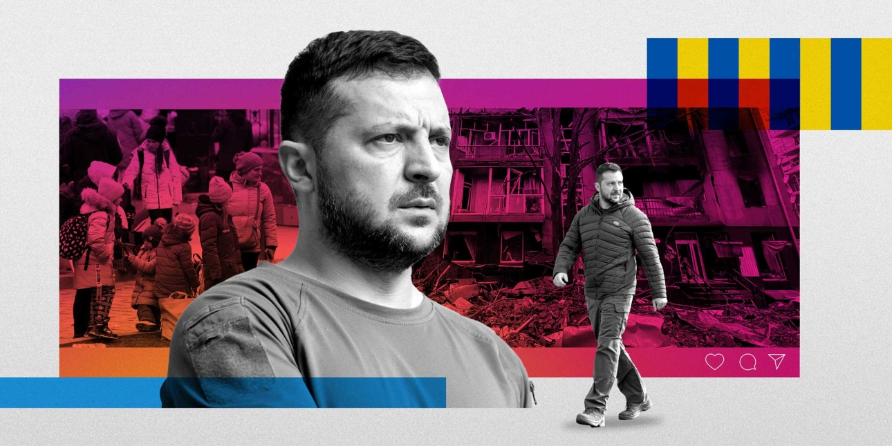 A photo collages containing two images of Ukrainian President Volodymyr Zelenskyy in front of one image of a group Ukrainian’s and a destroyed Ukrainian building.