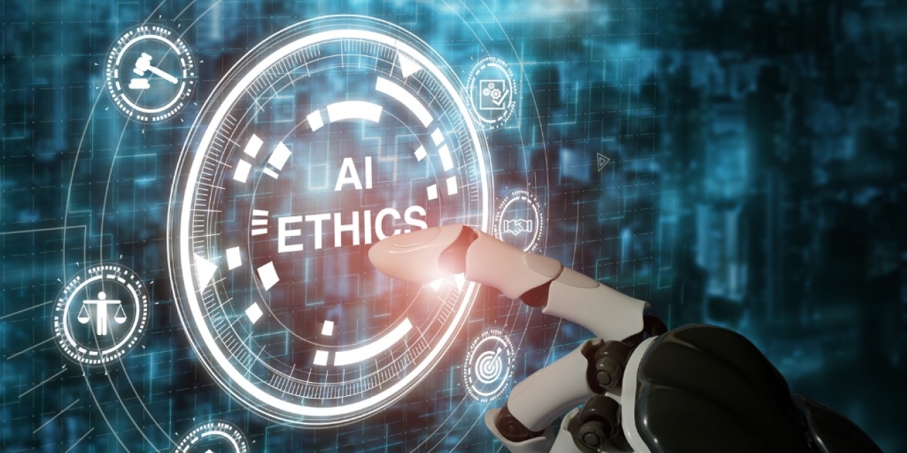 Computer generated image of a humanoid robot hand pointing to the words AI ethics on a screen. There are various icons surrounding the words including a figure holding the scales of justice, a tick, a bullseye, building and gavel.