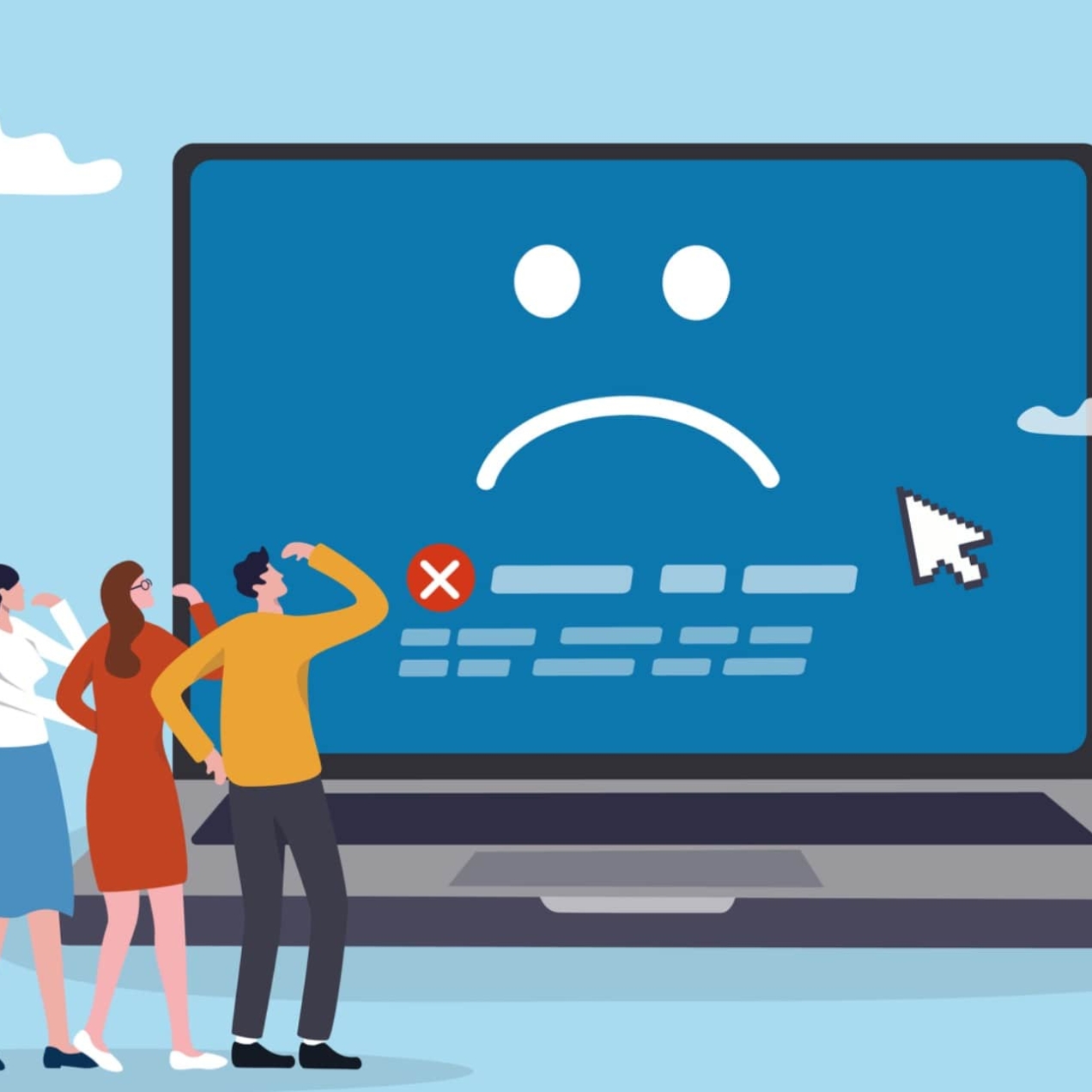 An illustration of four people looking bemused while stood in front of a giant laptop. The screen shows a sad face and a white x inside a red circle.